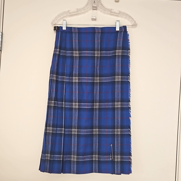 Blue plaid pleated skirt kilt pin accent adjustable sz. 12 wool custom made - Picture 1 of 12